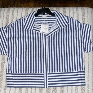 Zac & Rachel Navy and White Vertical Stripe Short-Sleeve PTP 26” Button-Down